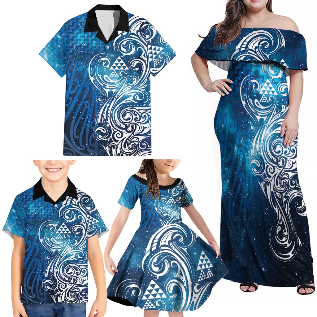 Matariki Galaxy Family Matching Off Shoulder Maxi Dress and Hawaiian Shirt Maori Taniko Pattern
