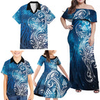 Matariki Galaxy Family Matching Off Shoulder Maxi Dress and Hawaiian Shirt Maori Taniko Pattern