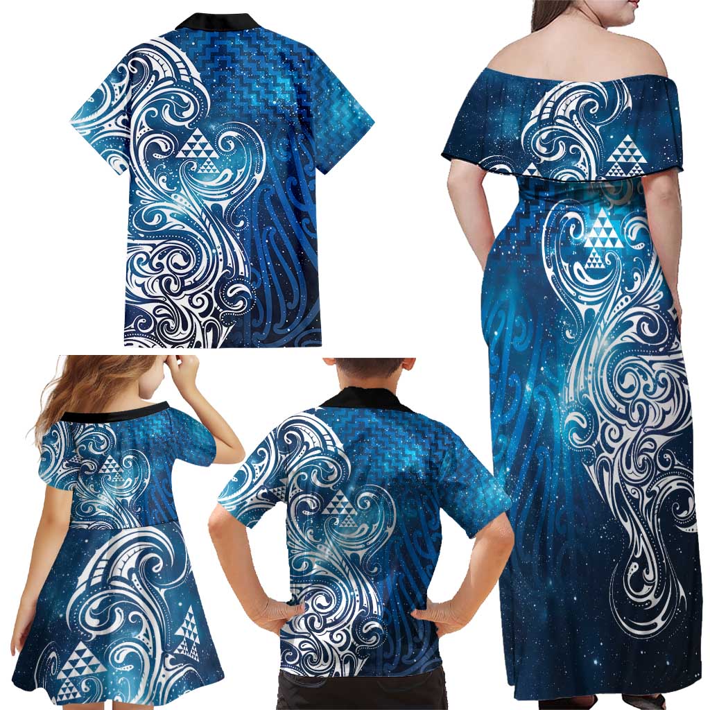 Matariki Galaxy Family Matching Off Shoulder Maxi Dress and Hawaiian Shirt Maori Taniko Pattern