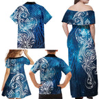 Matariki Galaxy Family Matching Off Shoulder Maxi Dress and Hawaiian Shirt Maori Taniko Pattern