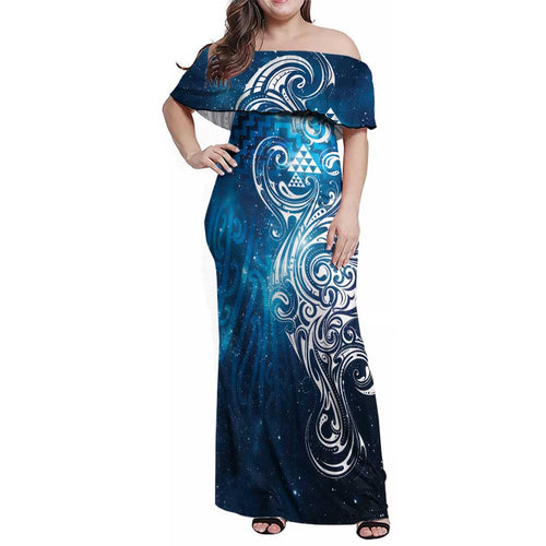 Matariki Galaxy Family Matching Off Shoulder Maxi Dress and Hawaiian Shirt Maori Taniko Pattern