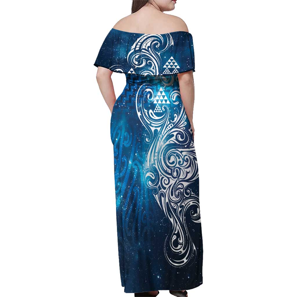 Matariki Galaxy Family Matching Off Shoulder Maxi Dress and Hawaiian Shirt Maori Taniko Pattern