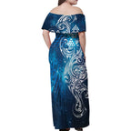 Matariki Galaxy Family Matching Off Shoulder Maxi Dress and Hawaiian Shirt Maori Taniko Pattern