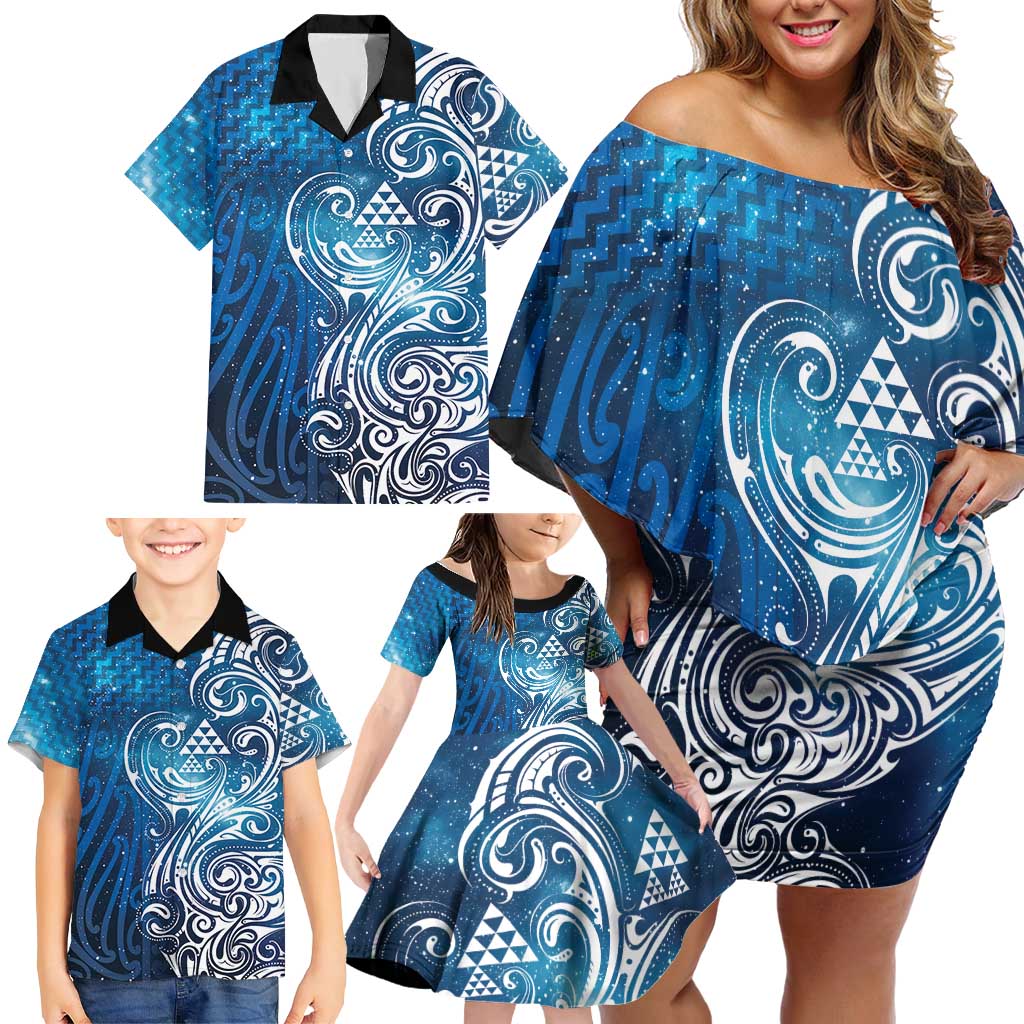 Matariki Galaxy Family Matching Off Shoulder Short Dress and Hawaiian Shirt Maori Taniko Pattern