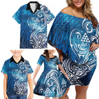 Matariki Galaxy Family Matching Off Shoulder Short Dress and Hawaiian Shirt Maori Taniko Pattern