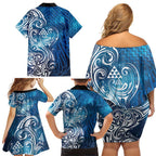 Matariki Galaxy Family Matching Off Shoulder Short Dress and Hawaiian Shirt Maori Taniko Pattern