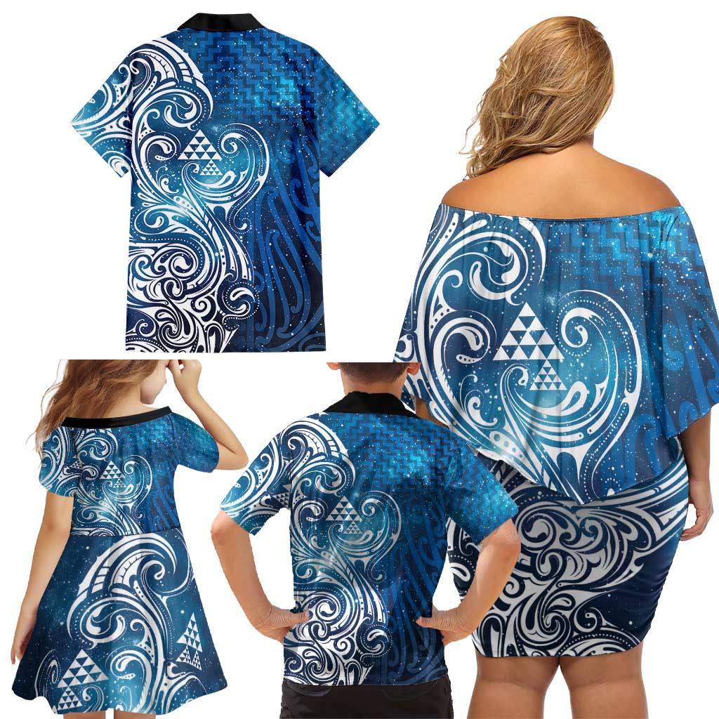 Matariki Galaxy Family Matching Off Shoulder Short Dress and Hawaiian Shirt Maori Taniko Pattern