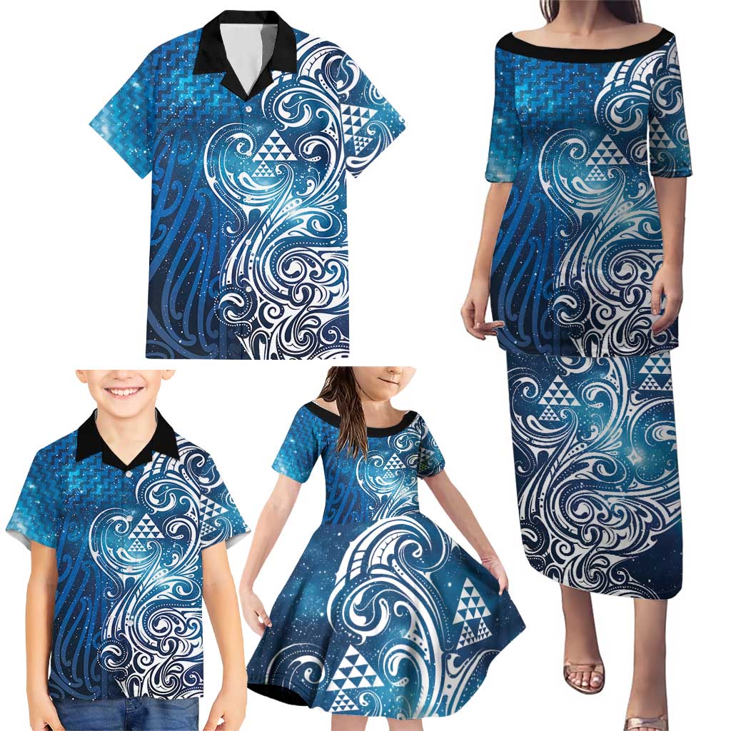 Matariki Galaxy Family Matching Puletasi and Hawaiian Shirt Maori Taniko Pattern