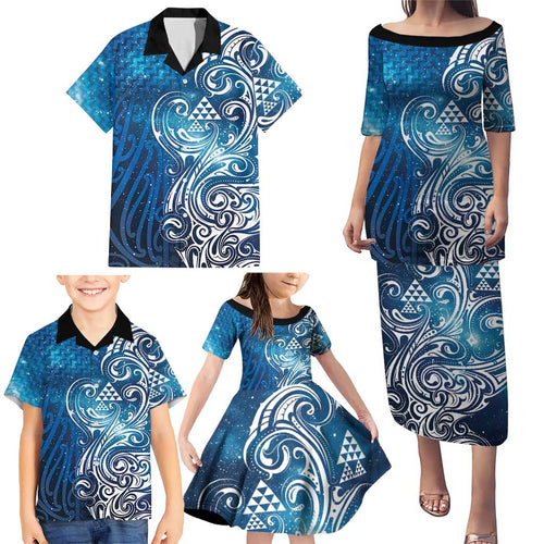 Matariki Galaxy Family Matching Puletasi and Hawaiian Shirt Maori Taniko Pattern