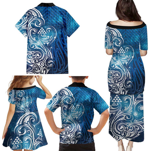 Matariki Galaxy Family Matching Puletasi and Hawaiian Shirt Maori Taniko Pattern