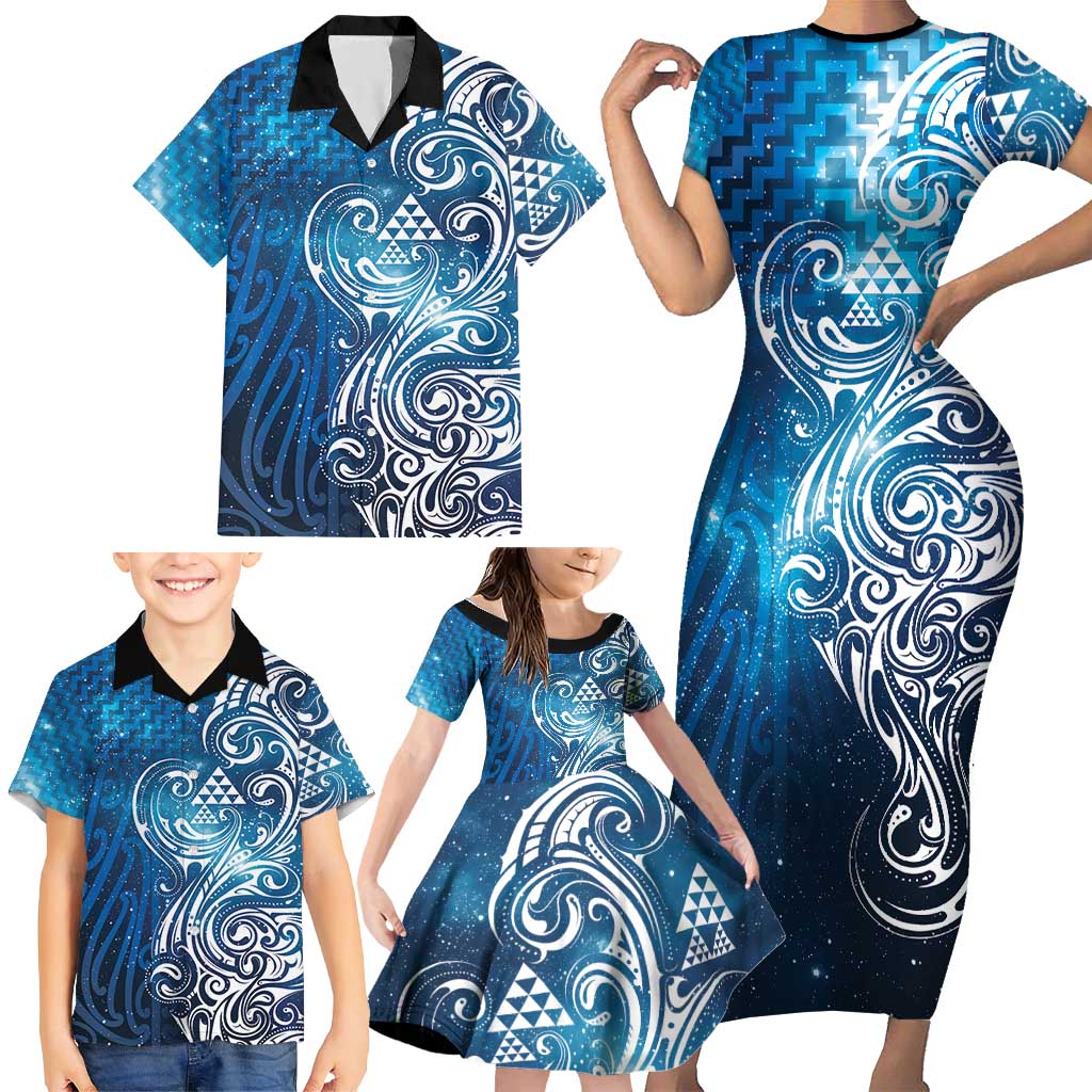 Matariki Galaxy Family Matching Short Sleeve Bodycon Dress and Hawaiian Shirt Maori Taniko Pattern