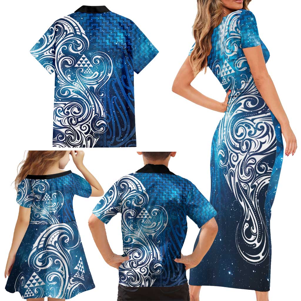 Matariki Galaxy Family Matching Short Sleeve Bodycon Dress and Hawaiian Shirt Maori Taniko Pattern