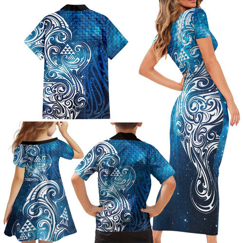 Matariki Galaxy Family Matching Short Sleeve Bodycon Dress and Hawaiian Shirt Maori Taniko Pattern