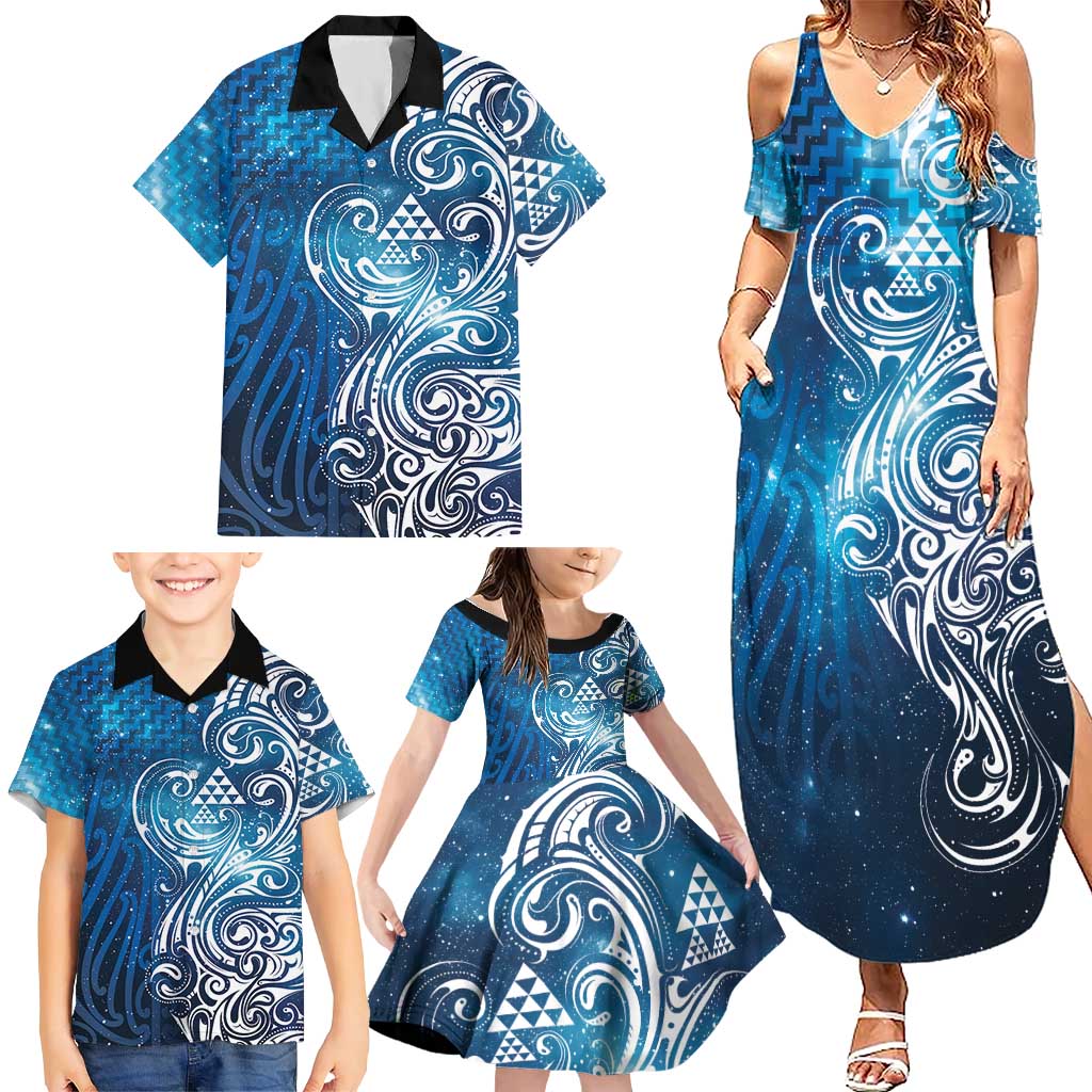 Matariki Galaxy Family Matching Summer Maxi Dress and Hawaiian Shirt Maori Taniko Pattern