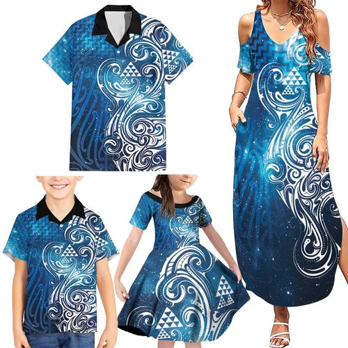 Matariki Galaxy Family Matching Summer Maxi Dress and Hawaiian Shirt Maori Taniko Pattern
