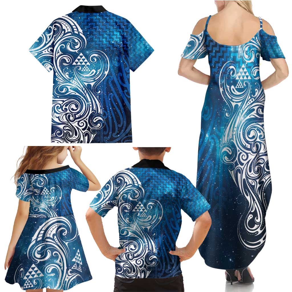 Matariki Galaxy Family Matching Summer Maxi Dress and Hawaiian Shirt Maori Taniko Pattern