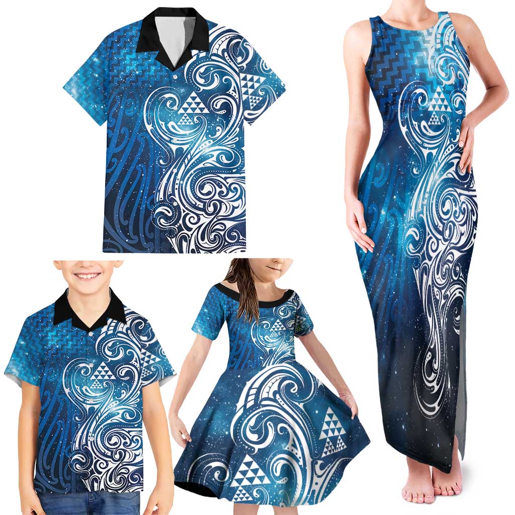 Matariki Galaxy Family Matching Tank Maxi Dress and Hawaiian Shirt Maori Taniko Pattern