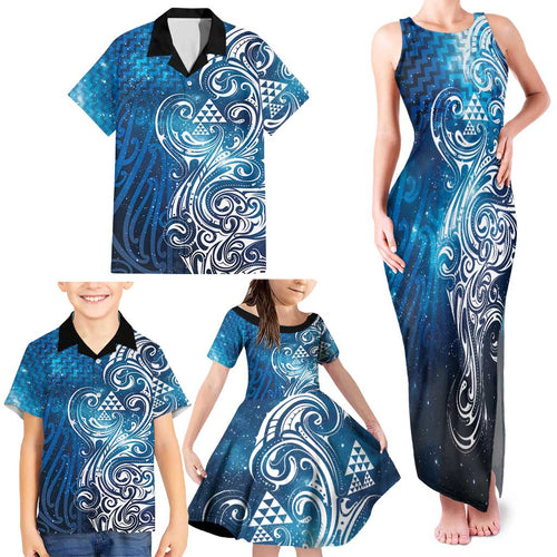 Matariki Galaxy Family Matching Tank Maxi Dress and Hawaiian Shirt Maori Taniko Pattern
