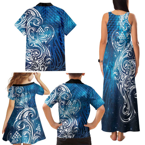 Matariki Galaxy Family Matching Tank Maxi Dress and Hawaiian Shirt Maori Taniko Pattern
