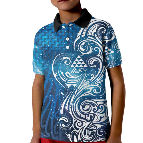 Matariki Galaxy Kid Polo Shirt Maori Taniko Pattern