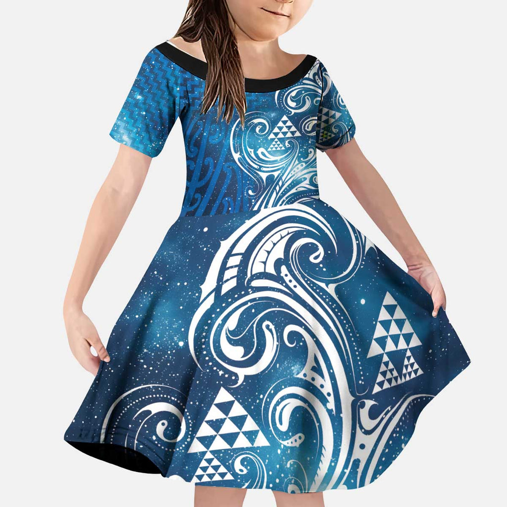 Matariki Galaxy Kid Short Sleeve Dress Maori Taniko Pattern