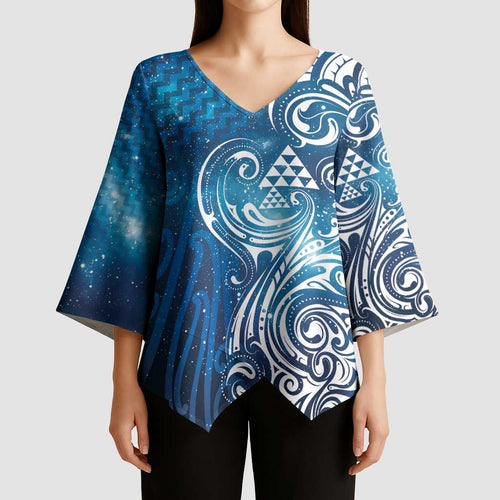 Matariki Galaxy Kimono Sleeve Blouse Maori Taniko Pattern