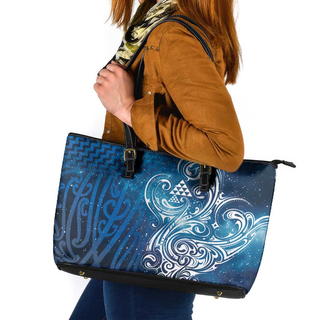 Matariki Galaxy Leather Tote Bag Maori Taniko Pattern