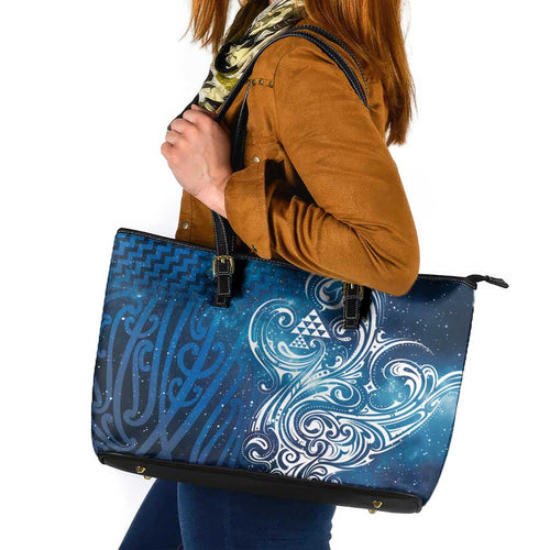 Matariki Galaxy Leather Tote Bag Maori Taniko Pattern