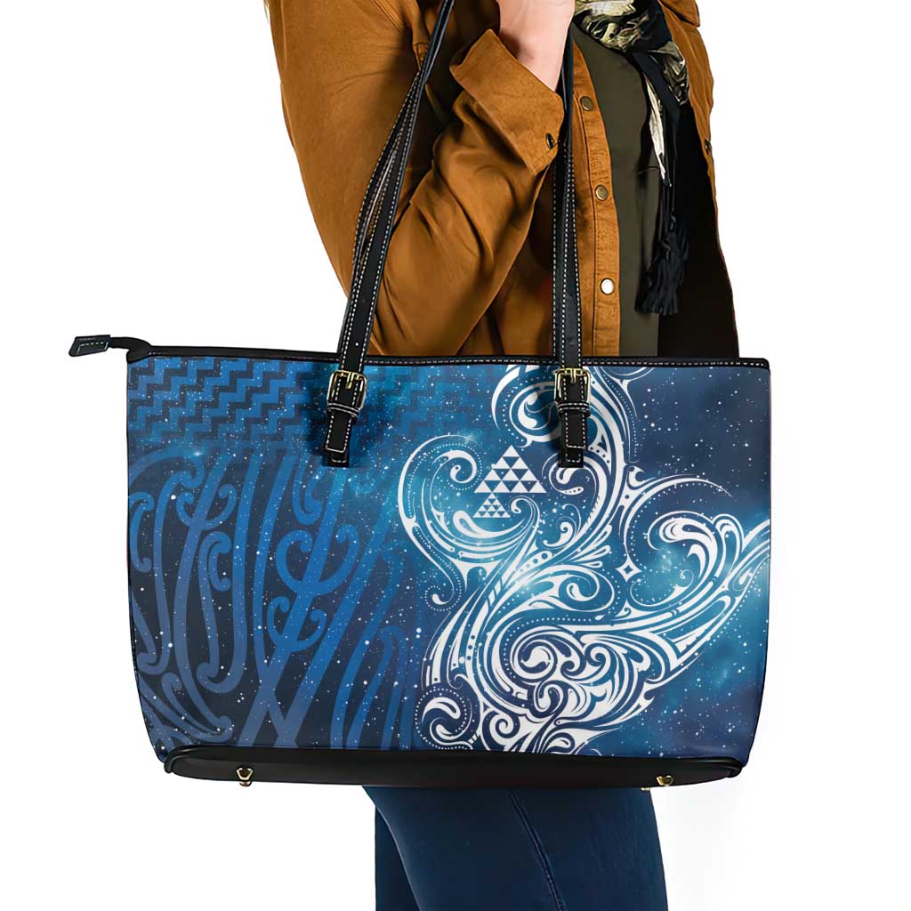 Matariki Galaxy Leather Tote Bag Maori Taniko Pattern