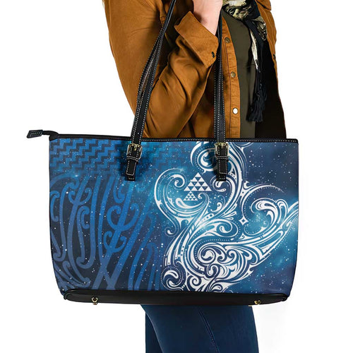 Matariki Galaxy Leather Tote Bag Maori Taniko Pattern
