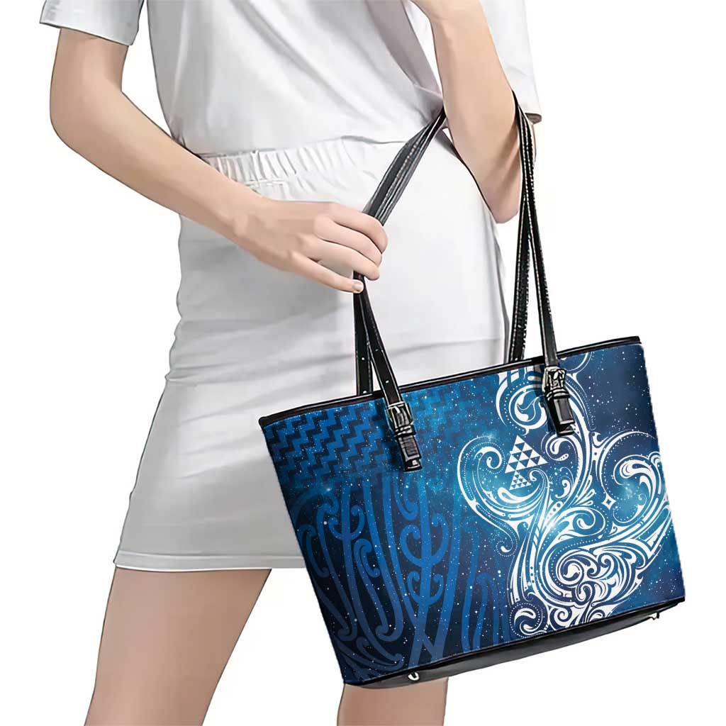 Matariki Galaxy Leather Tote Bag Maori Taniko Pattern