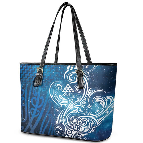 Matariki Galaxy Leather Tote Bag Maori Taniko Pattern