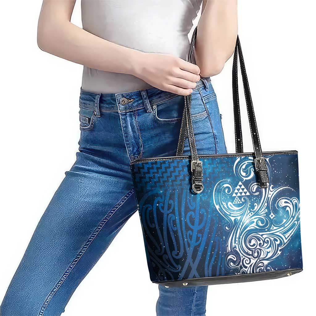 Matariki Galaxy Leather Tote Bag Maori Taniko Pattern