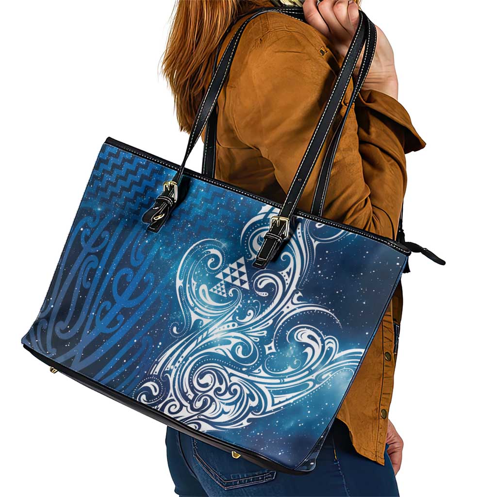 Matariki Galaxy Leather Tote Bag Maori Taniko Pattern