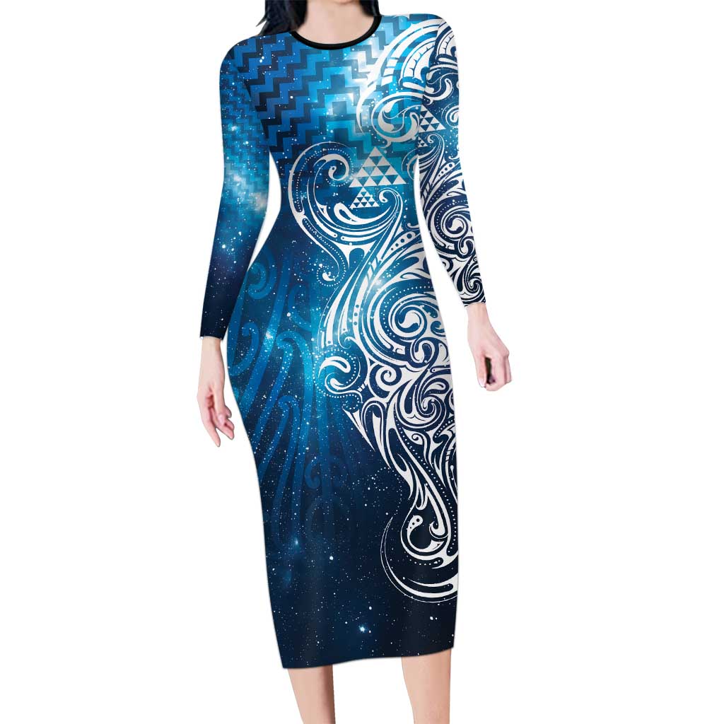 Matariki Galaxy Long Sleeve Bodycon Dress Maori Taniko Pattern