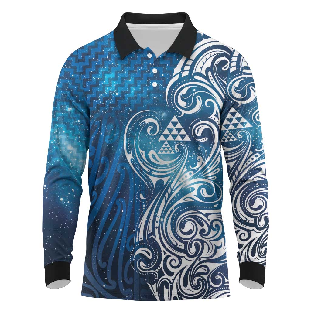 Matariki Galaxy Long Sleeve Polo Shirt Maori Taniko Pattern