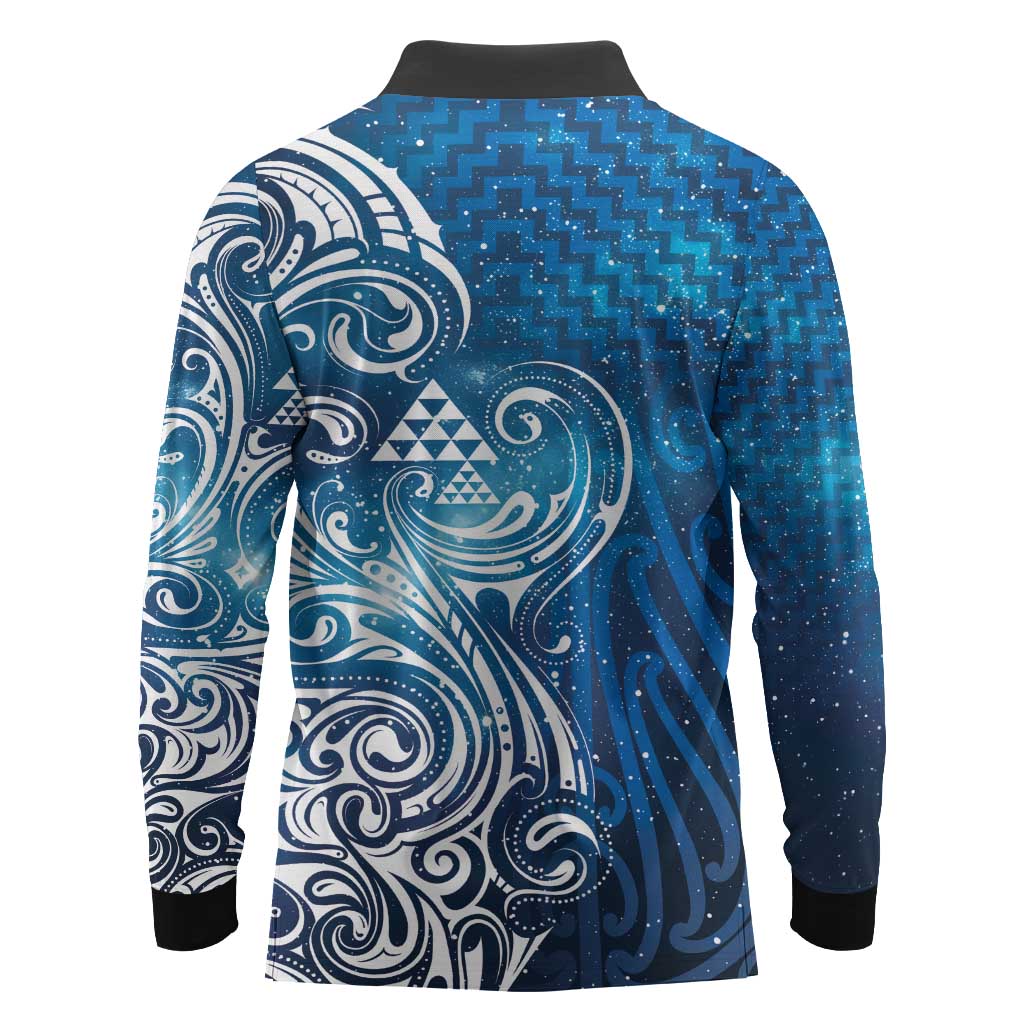 Matariki Galaxy Long Sleeve Polo Shirt Maori Taniko Pattern