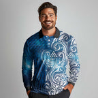 Matariki Galaxy Long Sleeve Polo Shirt Maori Taniko Pattern