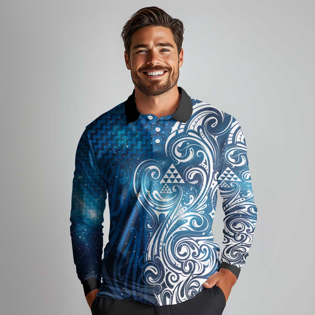 Matariki Galaxy Long Sleeve Polo Shirt Maori Taniko Pattern