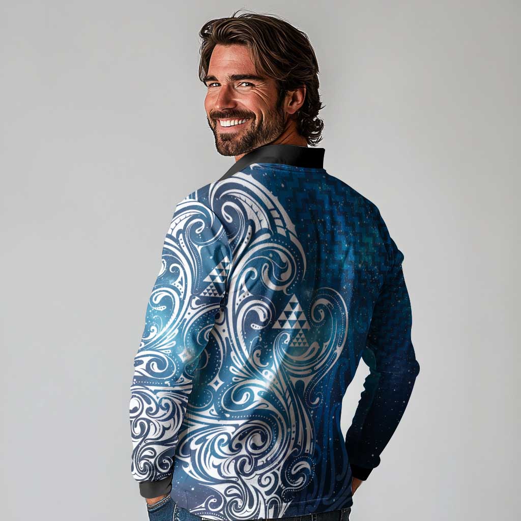 Matariki Galaxy Long Sleeve Polo Shirt Maori Taniko Pattern