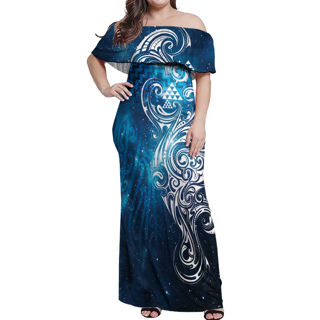 Matariki Galaxy Off Shoulder Maxi Dress Maori Taniko Pattern