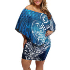 Matariki Galaxy Off Shoulder Short Dress Maori Taniko Pattern