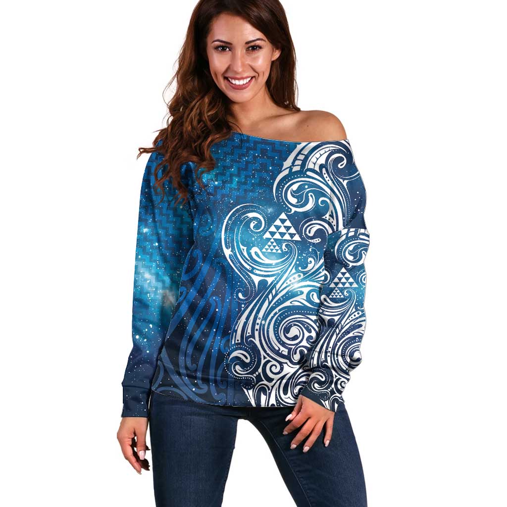 Matariki Galaxy Off Shoulder Sweater Maori Taniko Pattern