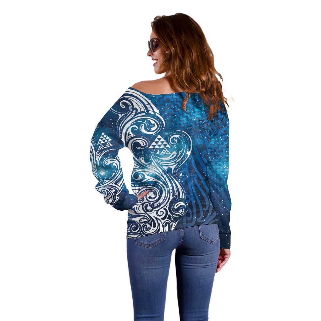 Matariki Galaxy Off Shoulder Sweater Maori Taniko Pattern
