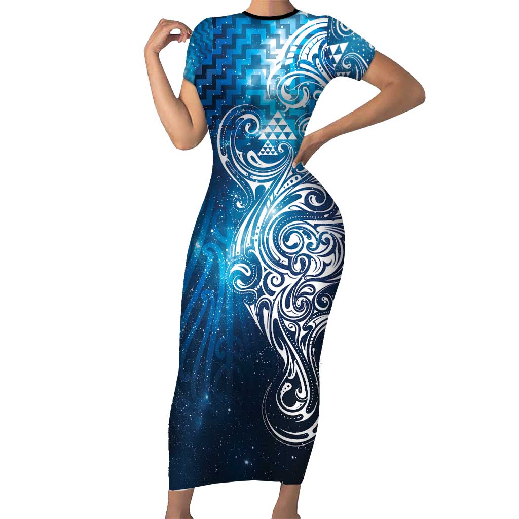 Matariki Galaxy Short Sleeve Bodycon Dress Maori Taniko Pattern