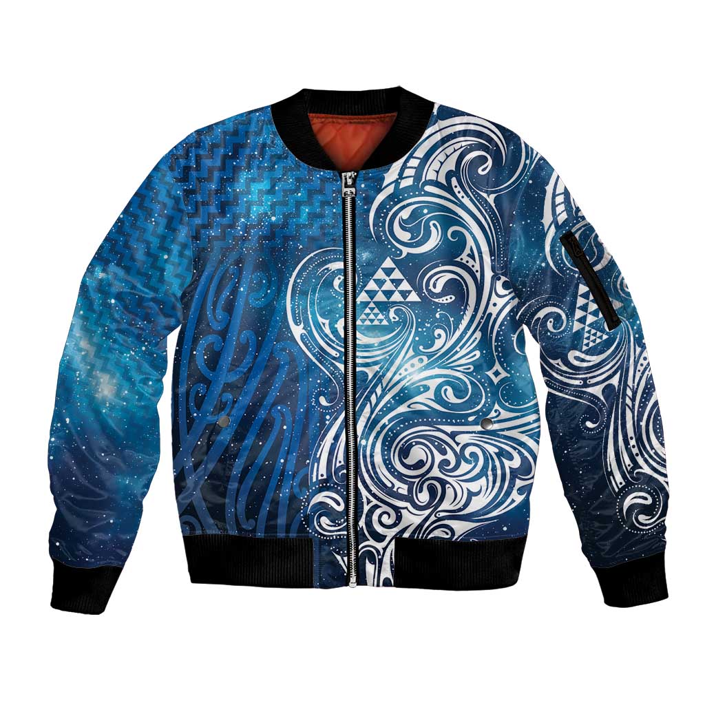 Matariki Galaxy Sleeve Zip Bomber Jacket Maori Taniko Pattern