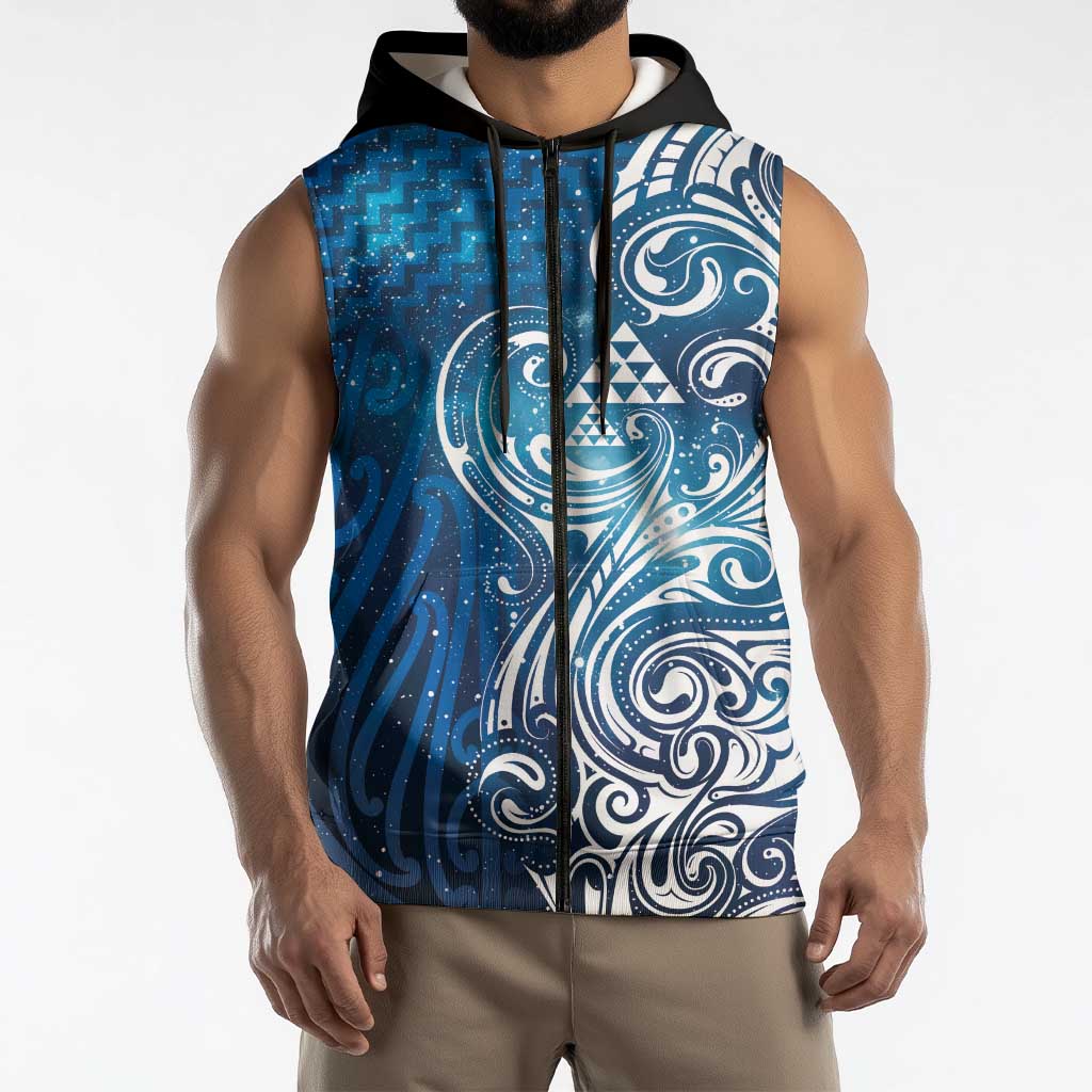 Matariki Galaxy Sleeveless Zip Hoodie Maori Taniko Pattern