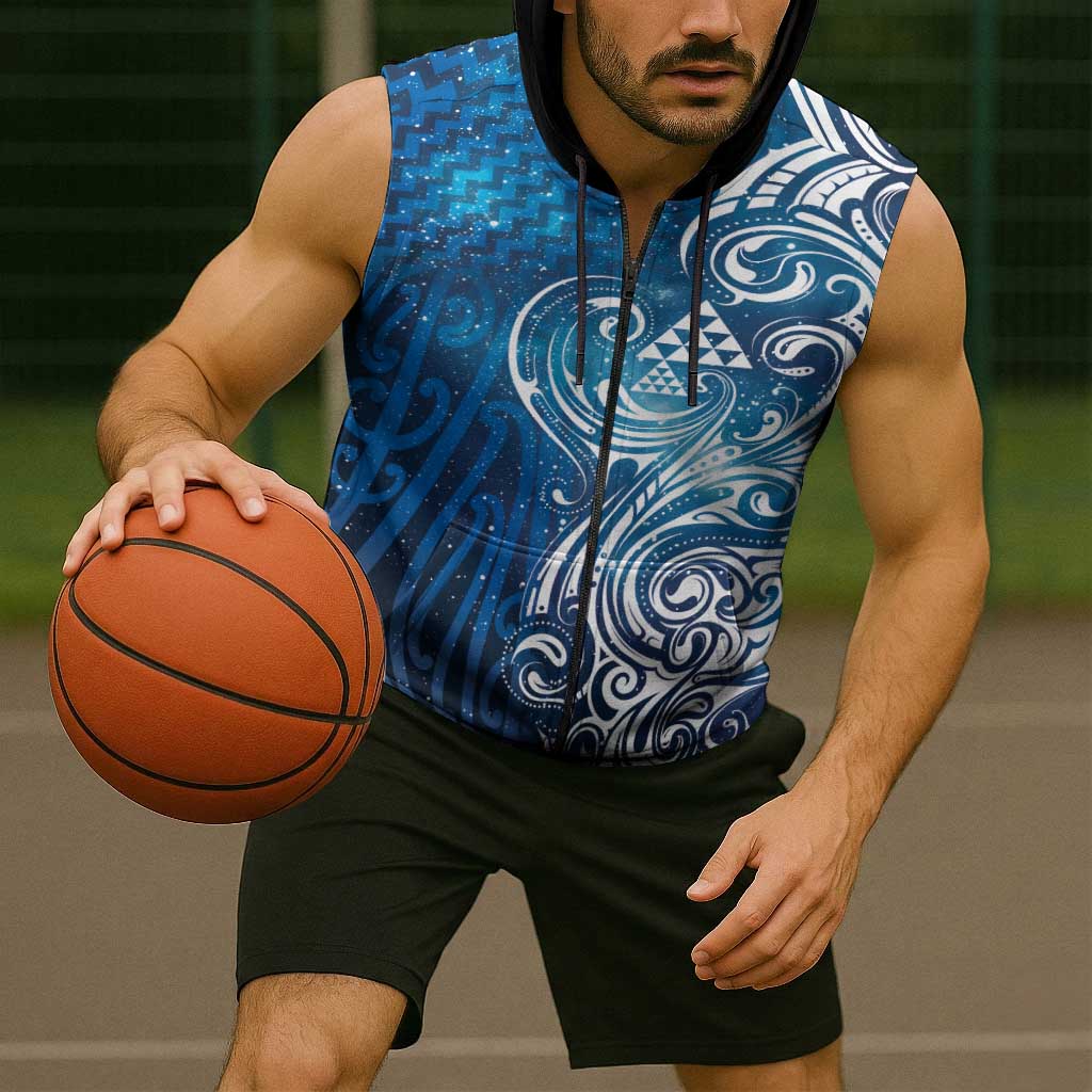 Matariki Galaxy Sleeveless Zip Hoodie Maori Taniko Pattern