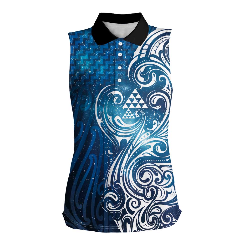 Matariki Galaxy Women Sleeveless Polo Shirt Maori Taniko Pattern