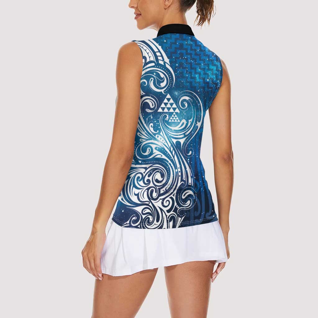 Matariki Galaxy Women Sleeveless Polo Shirt Maori Taniko Pattern